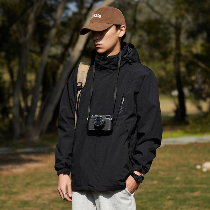 Women two-layer water-repellent outdoor jacket with hood, waist adjustment and contrast piping