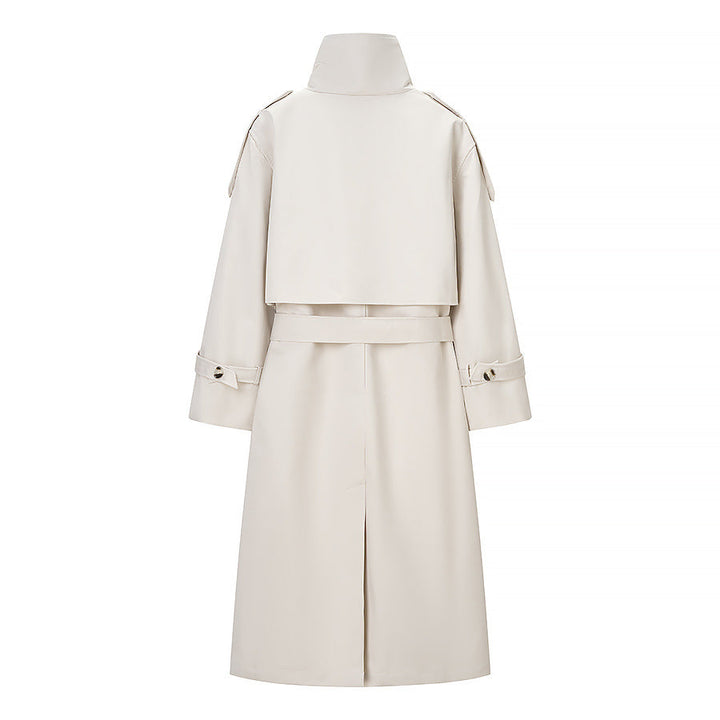 Women Longer double-breasted trench coat with high stand-up collar and waist belt