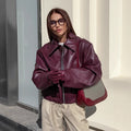 Women's Short Oversized Faux Leather Jacket with Shirt Collar and Elastic Hem