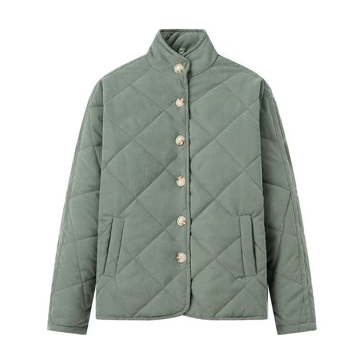 Women Lightweight Quilted Short Jacket with Stand-Up Collar and Button Placket