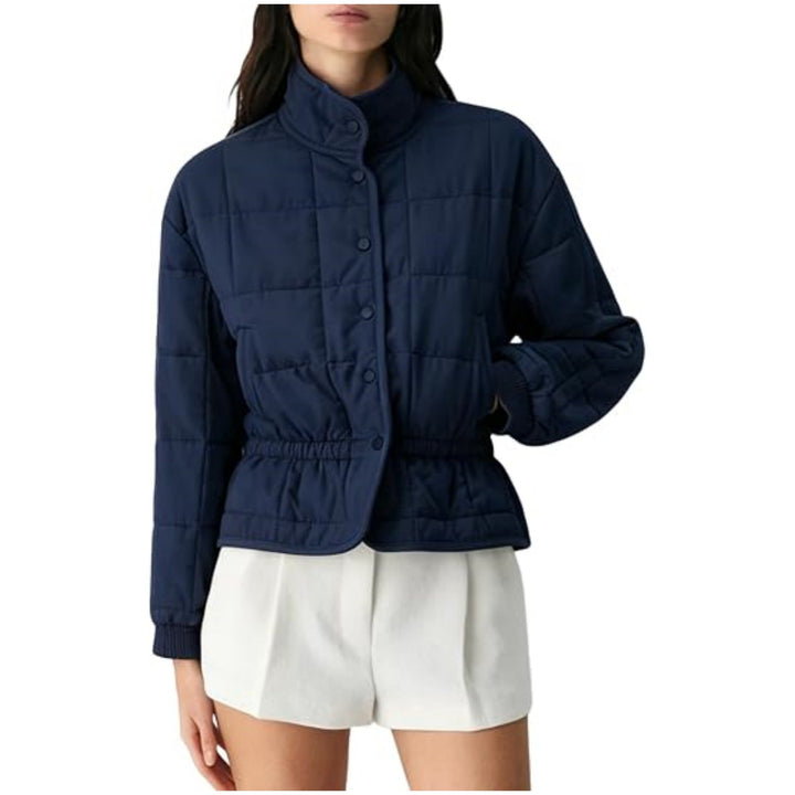 Women padded jacket with stand-up collar and fitted drawstring
