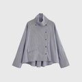 Women's lightweight oversized shirt-style jacket with high funnel collar and asymmetrical buttons placket