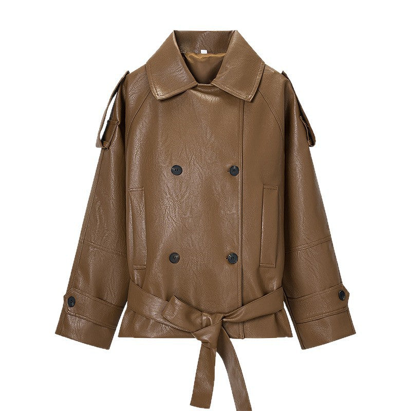 Women Cropped Faux Leather Trench Coat with Waist Belt, Double Breasted and Epaulettes