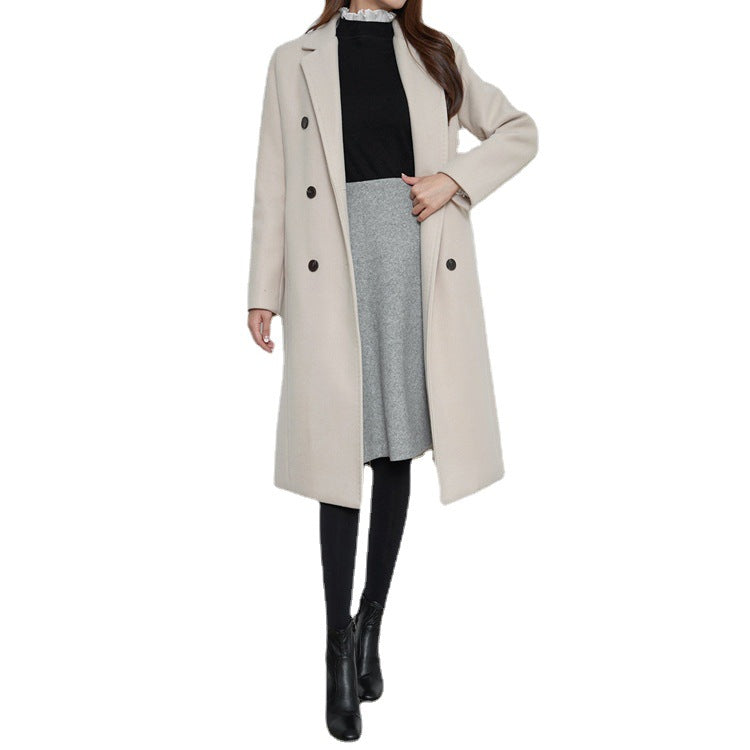 Women Long Cut Wool Blend Coat in Minimalist Double-Breasted with Deep Lapel