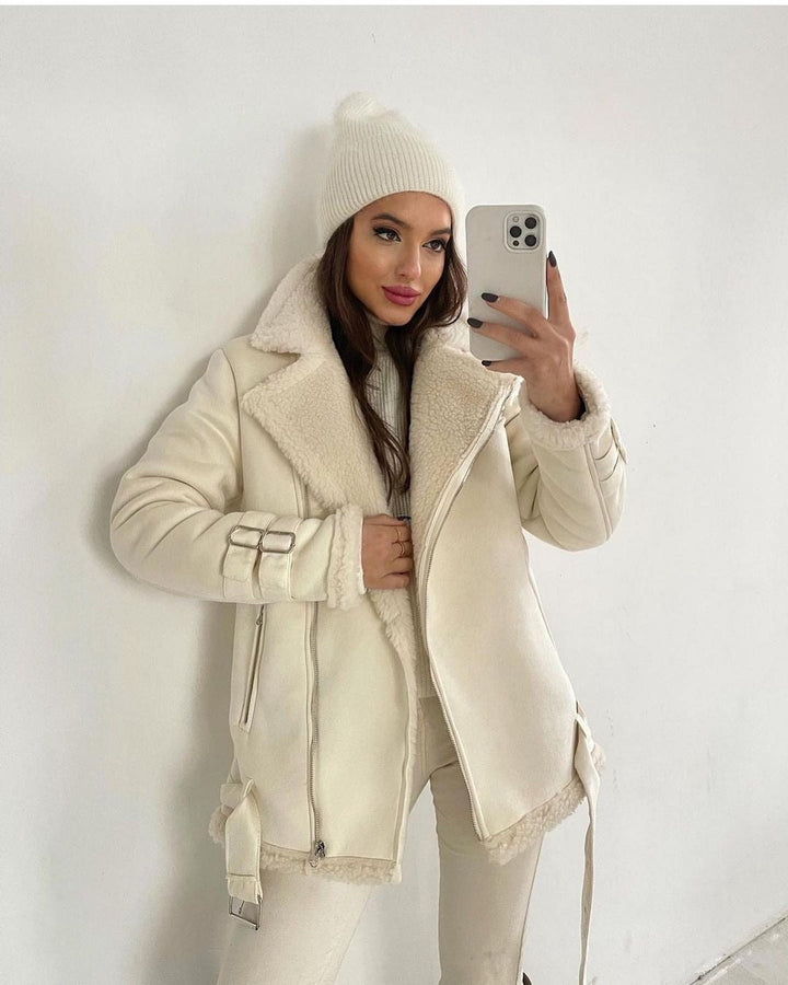 Women Oversized Faux Leather Pilot Jacket with Teddy Fur Lining and Buckles