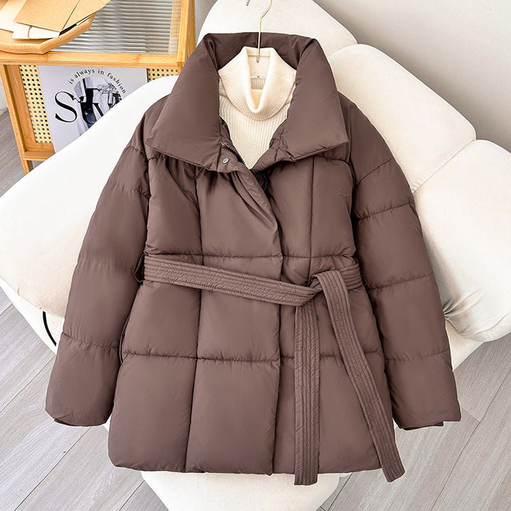 Women nan tailored padded jacket with wide stand-up collar, quilted tie belt and ribbed cuffs