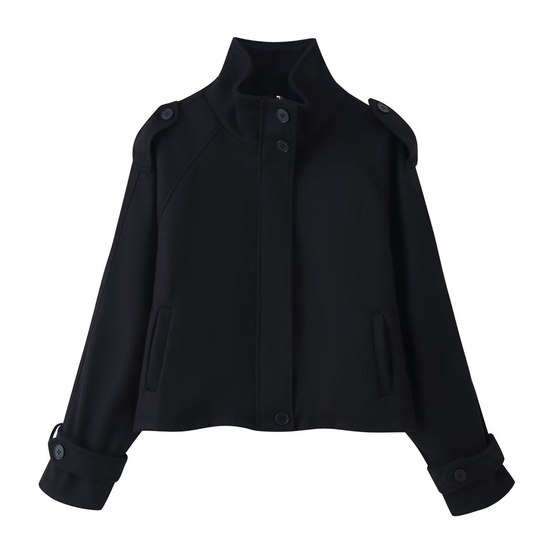 Women Short Wool Blend Jacket with Stand-Up Collar, Shoulder Flaps and Adjustable Cuffs
