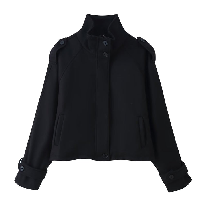 Women Short Wool Blend Jacket with Stand-Up Collar, Shoulder Flaps and Adjustable Cuffs