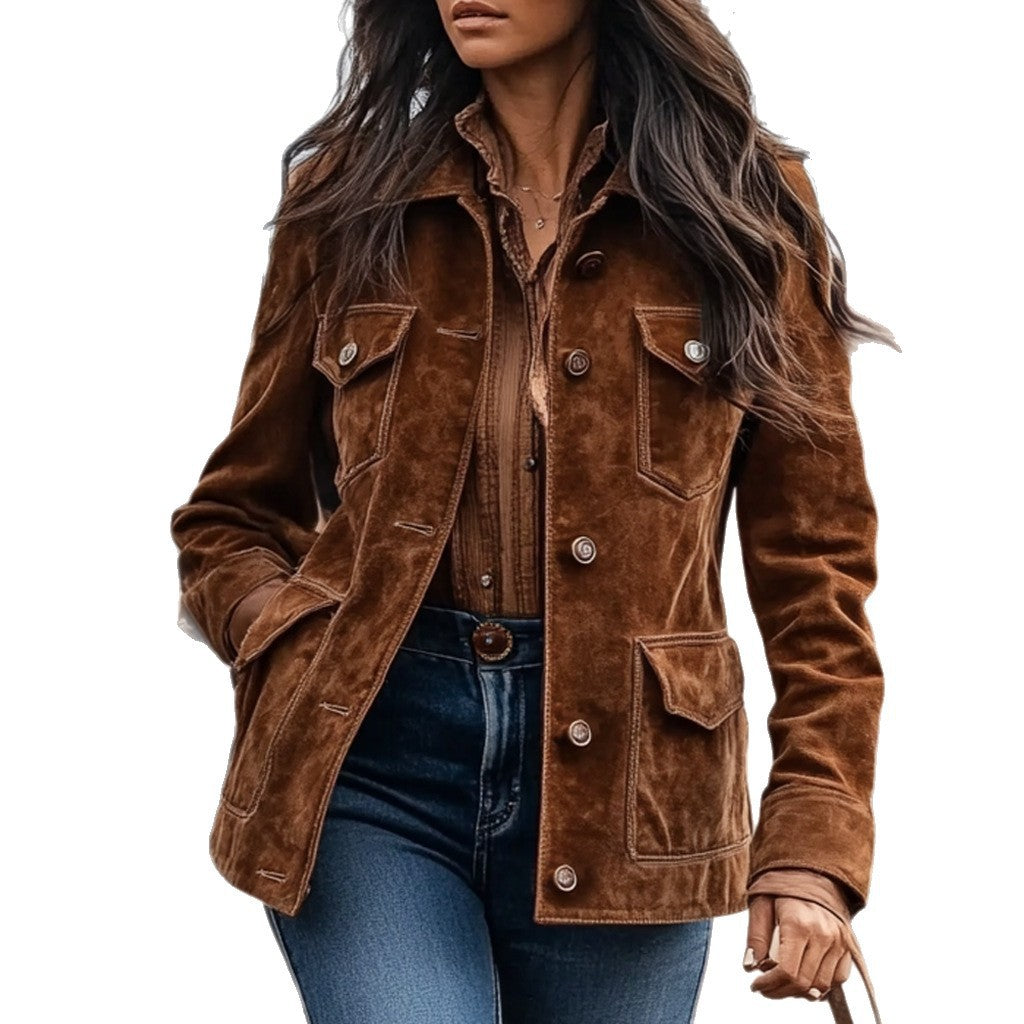Women’s suede jacket in Western style with button placket and flap pockets