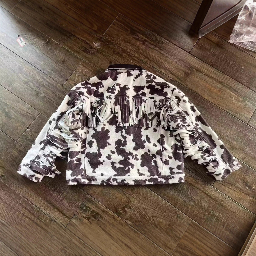 Women’s teddy trucker jacket with cow spot pattern and faux leather collar