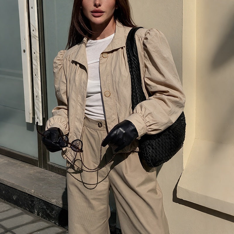 Women Light Short Jacket with Balloon Sleeves, Puff Shoulders &amp; Elastic Hem