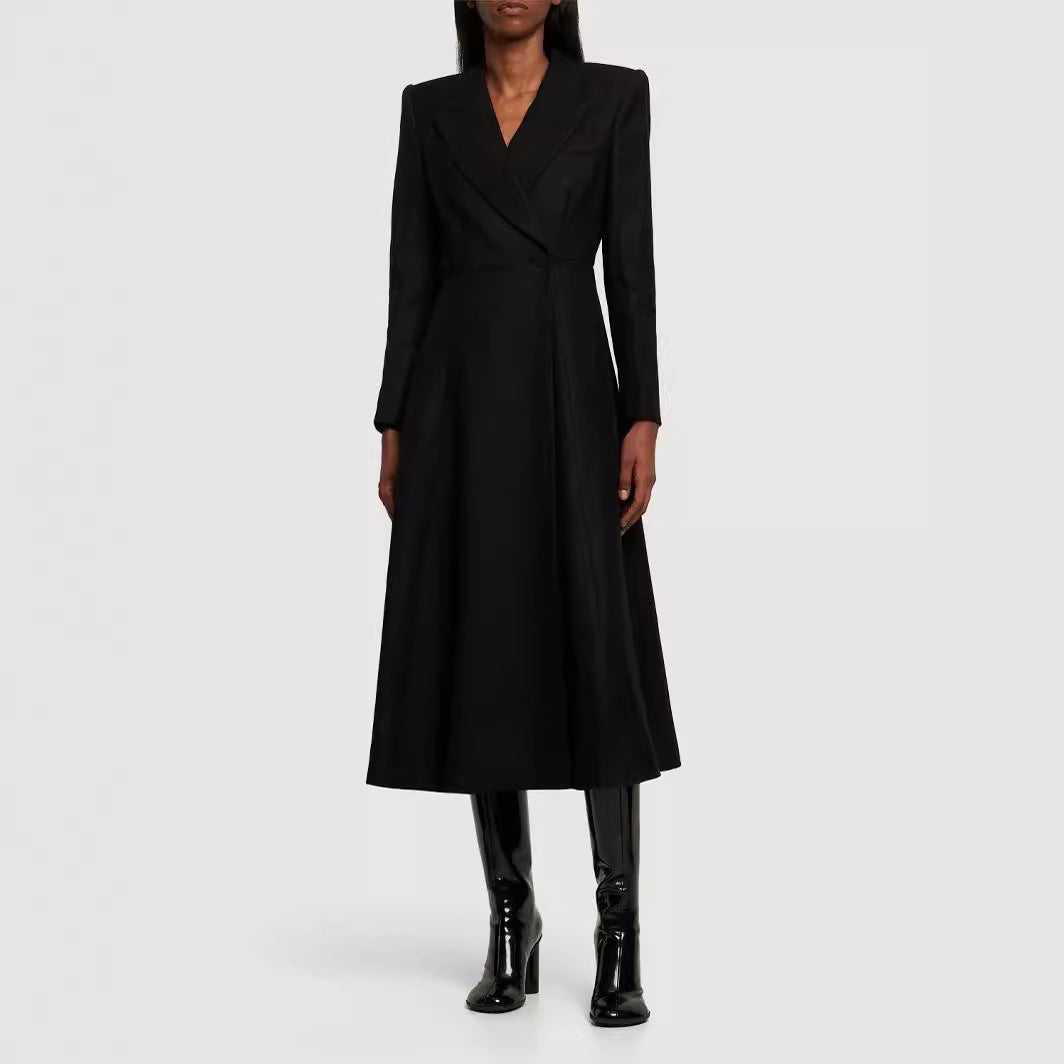 Ladies longer tailored blazer coat with maxi length and structured shoulders