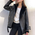 Women Oversized Faux Leather Pilot Jacket with Teddy Fur Lining and Buckles