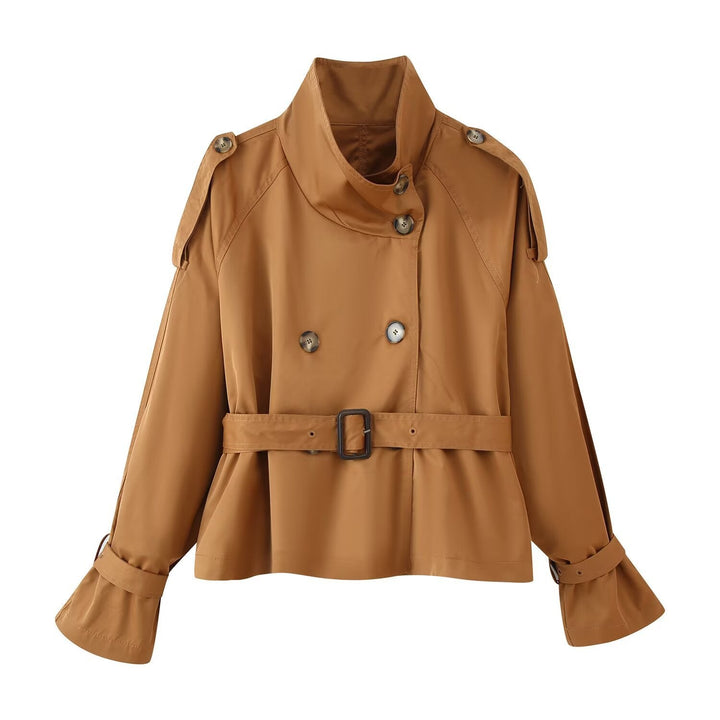 Ladies short cut double-breasted trench coat with wide shawl collar, tailored belt and adjustable sleeve straps