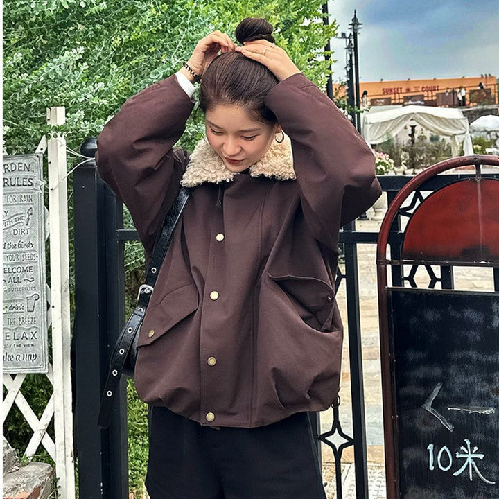 Ladies Short Oversize Boxy Jacket with Teddy Collar and Snap Button Closure