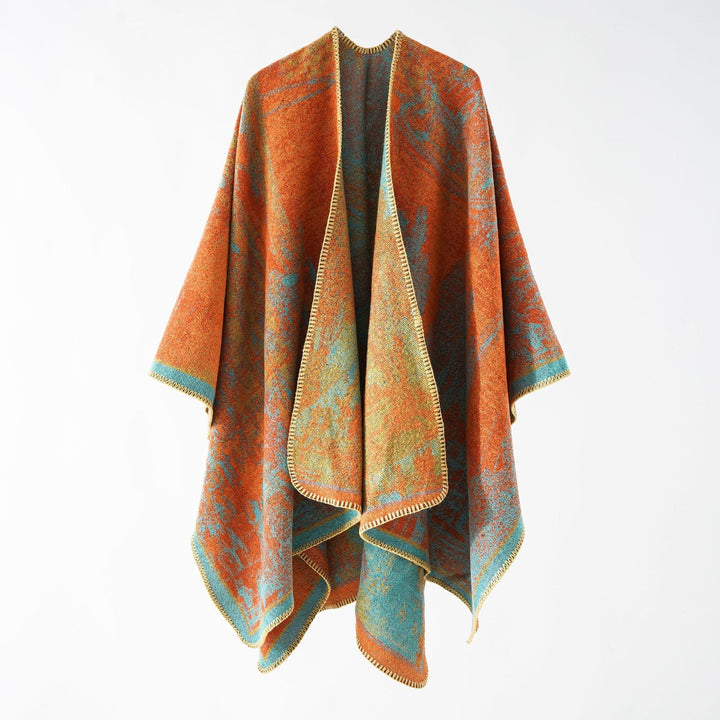 Women Oversize Ruana in boxy cape with jacquard woven structure and soft wool blend drape