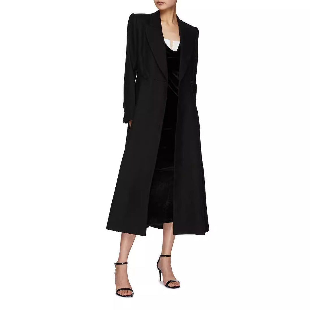 Ladies longer tailored blazer coat with maxi length and structured shoulders