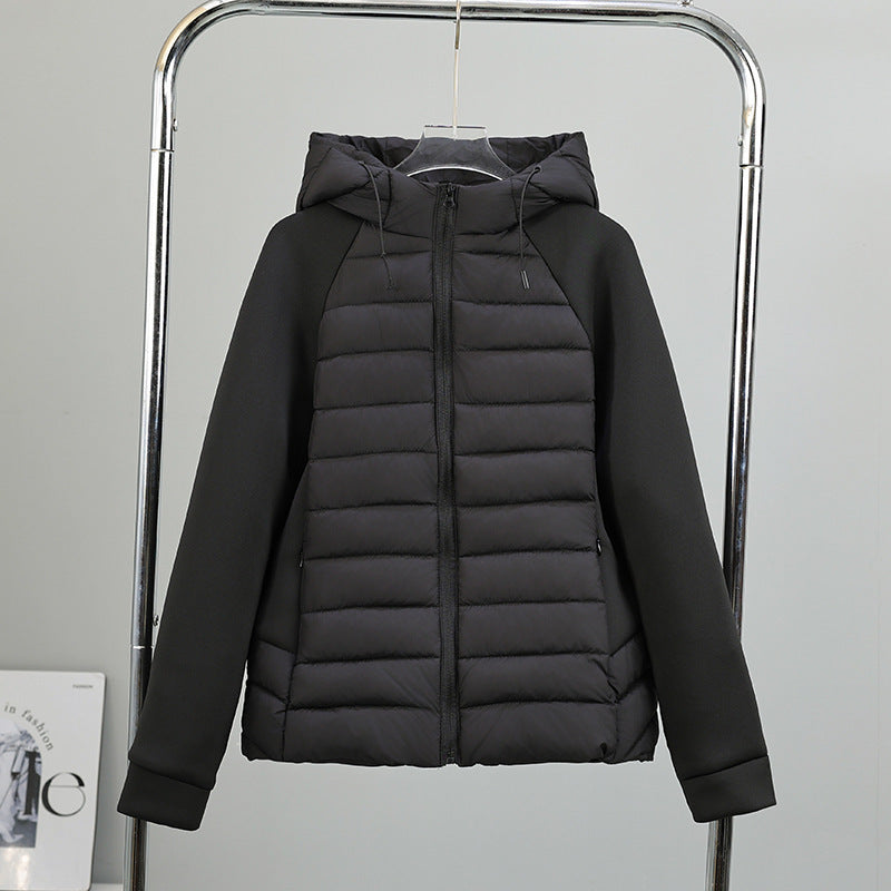 Ladies nano quilted hybrid jacket with hood, softshell sleeves and light thermal insulation