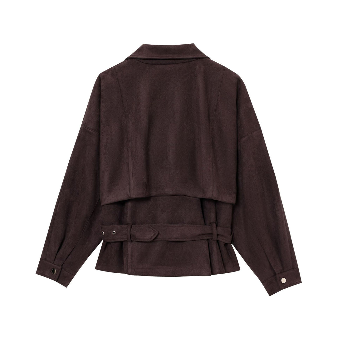 Women Short Suede Look Trench Coat with Waist Belt and Zip Details