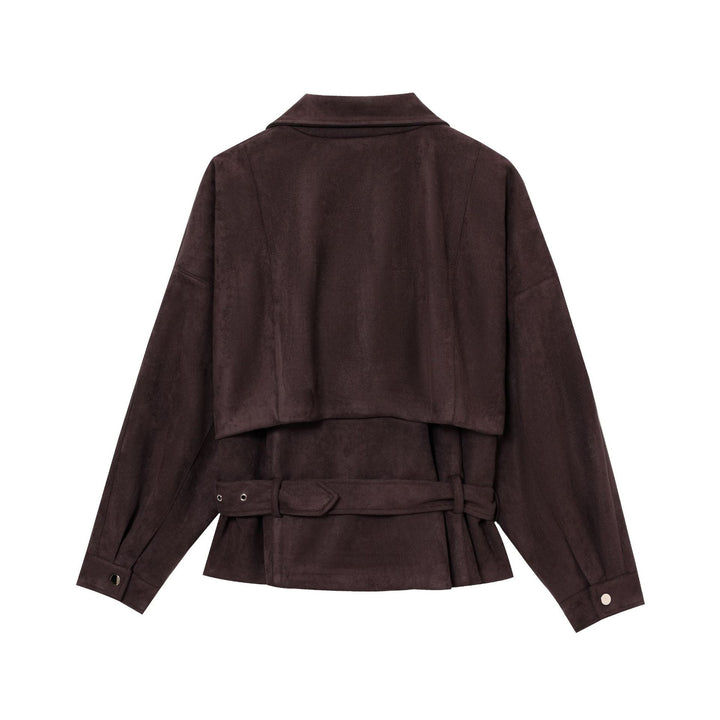 Women Short Suede Look Trench Coat with Waist Belt and Zip Details