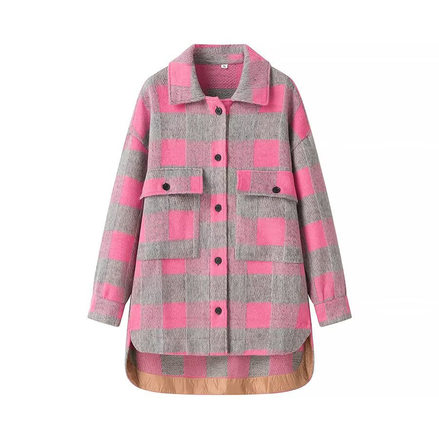 Women Oversize Checked Shirt Jacket with Applied Flap Pockets and Extended Hem