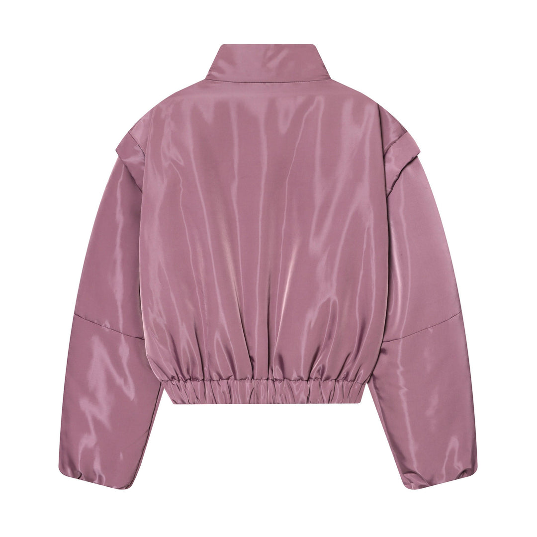 Women Cropped Padded Satin Jacket with High Stand Collar and Waist Smocking