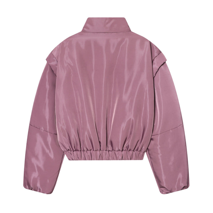 Women Cropped Padded Satin Jacket with High Stand Collar and Waist Smocking