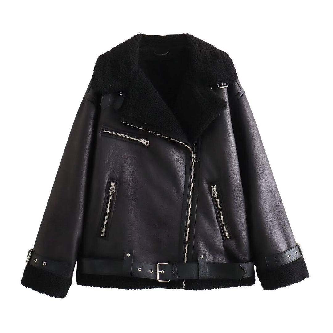 Ladies aviator jacket in biker style with teddy lining, faux leather trim and waist belt