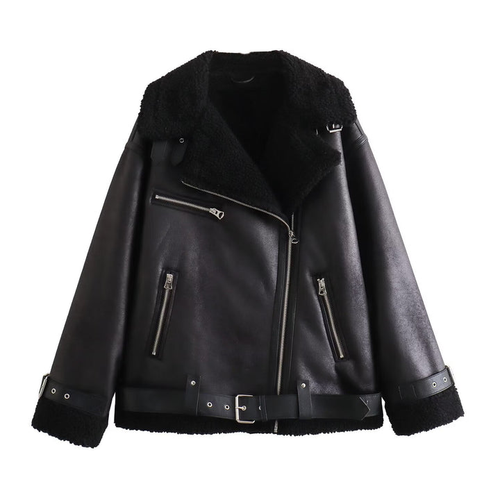 Ladies aviator jacket in biker style with teddy lining, faux leather trim and waist belt