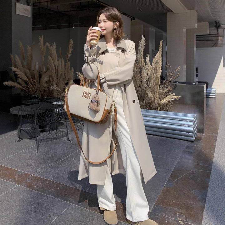 Women Long Cut Minimalist Trench Coat with Soft Autumn, Dropped Shoulders and Adjustable Sleeve Straps
