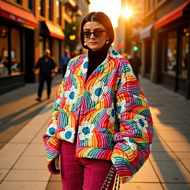 Women Short Oversized Padded Jacket with Colorful Rainbow Stripes and Flower Application