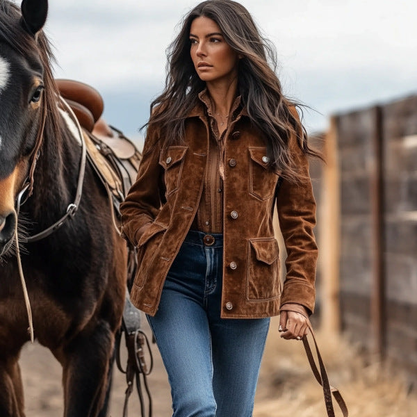 Women’s suede jacket in Western style with button placket and flap pockets