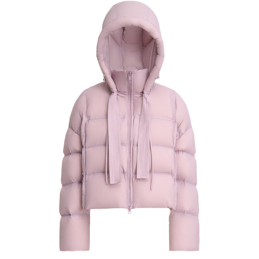 Women Short Cut Boxy Quilted Jacket with Voluminous Hood and Drawstring