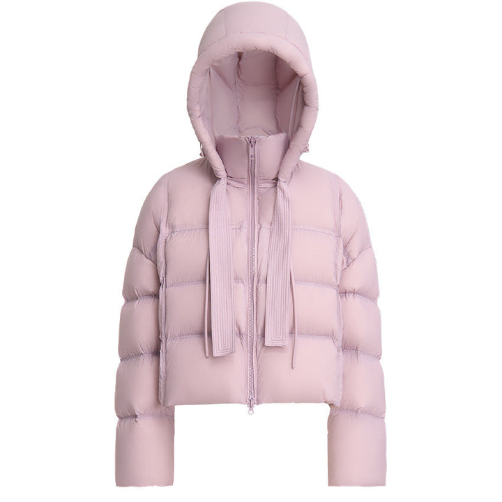Women Short Cut Boxy Quilted Jacket with Voluminous Hood and Drawstring