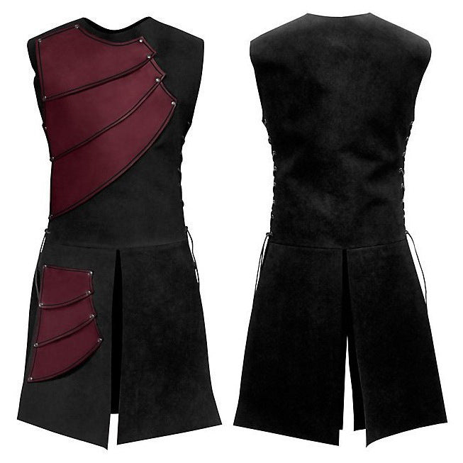 Unisex sleeveless LARP vest with layered panel wings, side eyelet lacing, and split skirt part