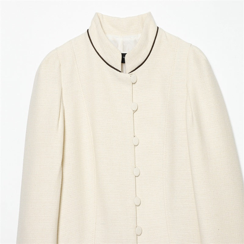Women Bouclé-Tweed Short Jacket with Stand-Up Collar, Tailored Cut and Contrast Piping