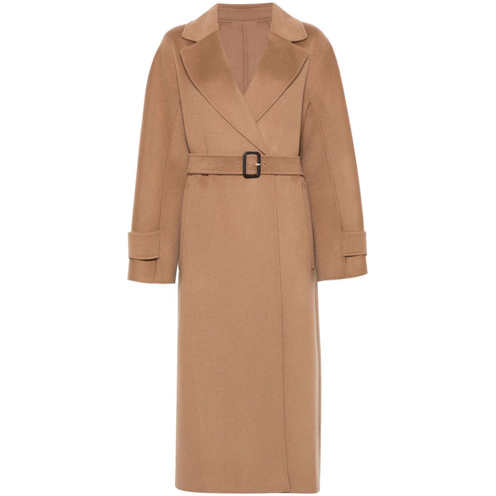 Women’s wrap coat made of wool blend with waist belt and oversized shoulder