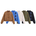 Women's Short Cut Quilted Jacket with Flower Applique and Stand-Up Collar