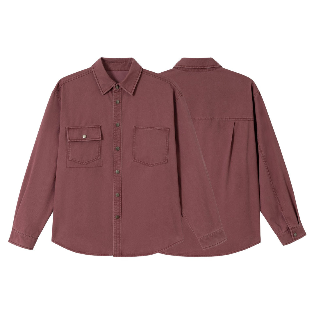 Ladies Oversize Shirt Jacket in Shacket Style made of washed cotton twill with snap button closure