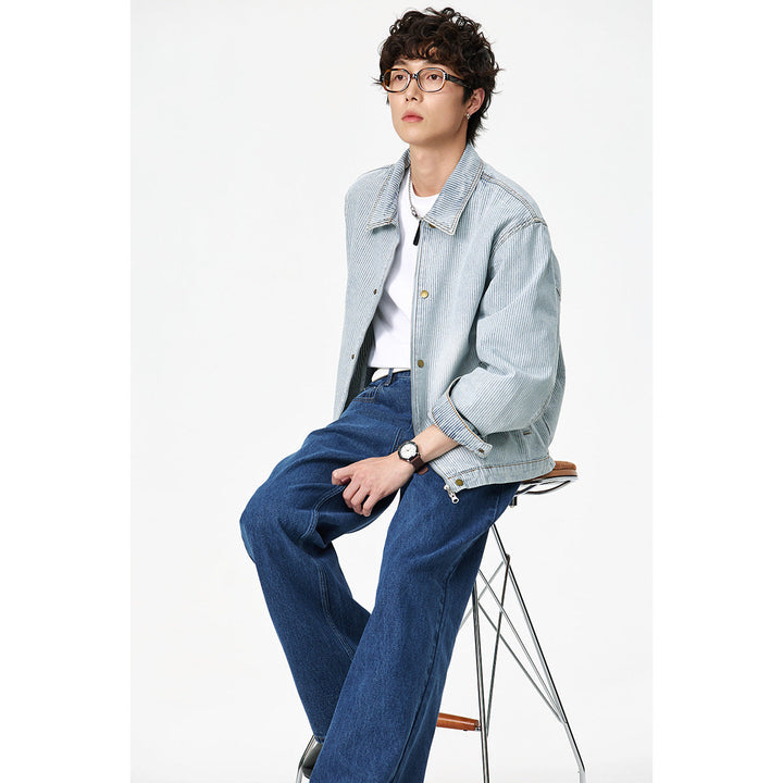 Unisex Striped Oversized Denim Jacket in Worker Style with Stand-Up Collar and Two-Way Zip
