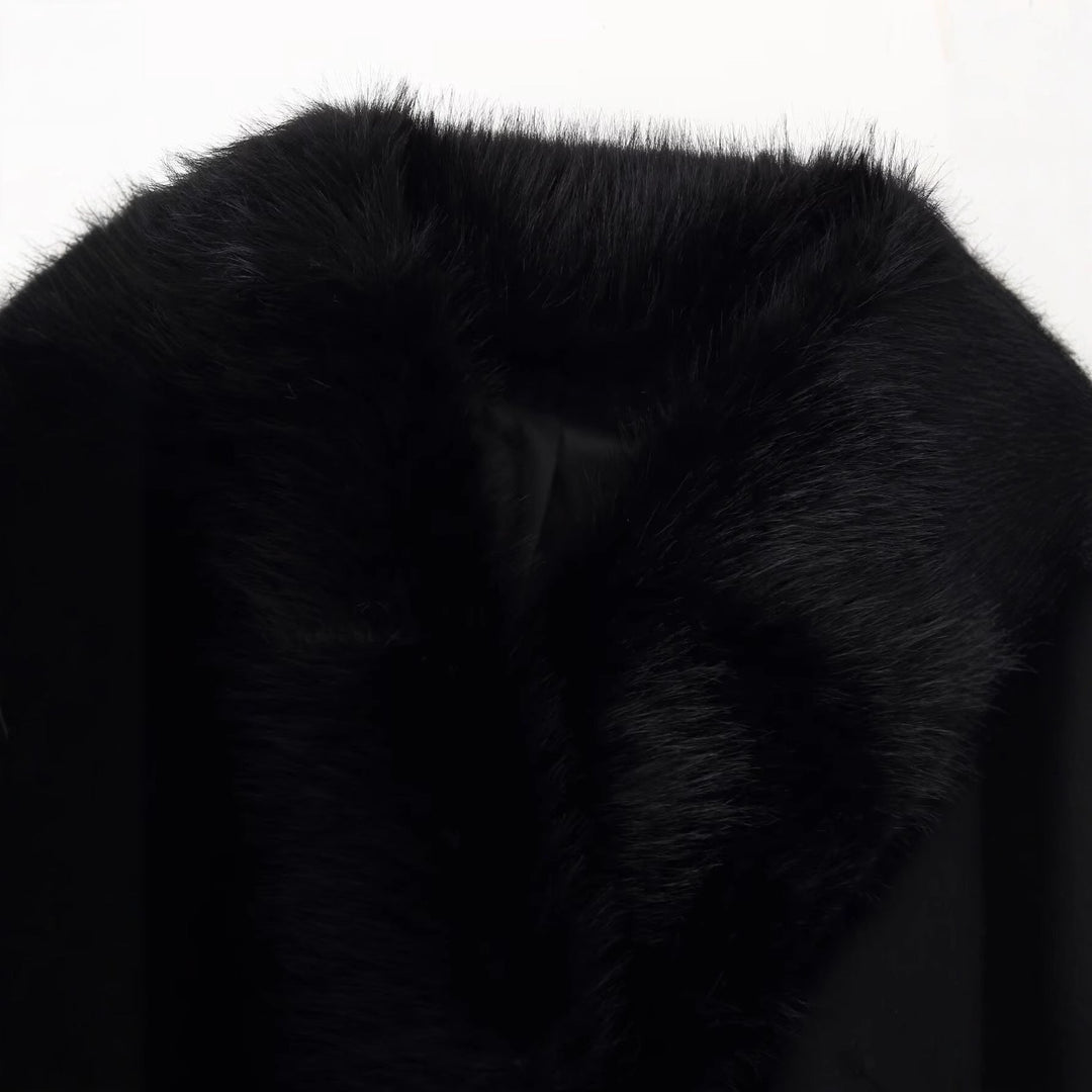 Women Elegant Wool Coat with Large Faux Fur Collar and Tie Belt
