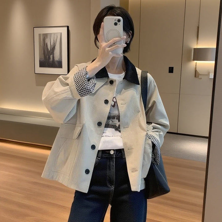 Women Boxy Transitional Jacket with Cord Collar and Large Flap Pockets