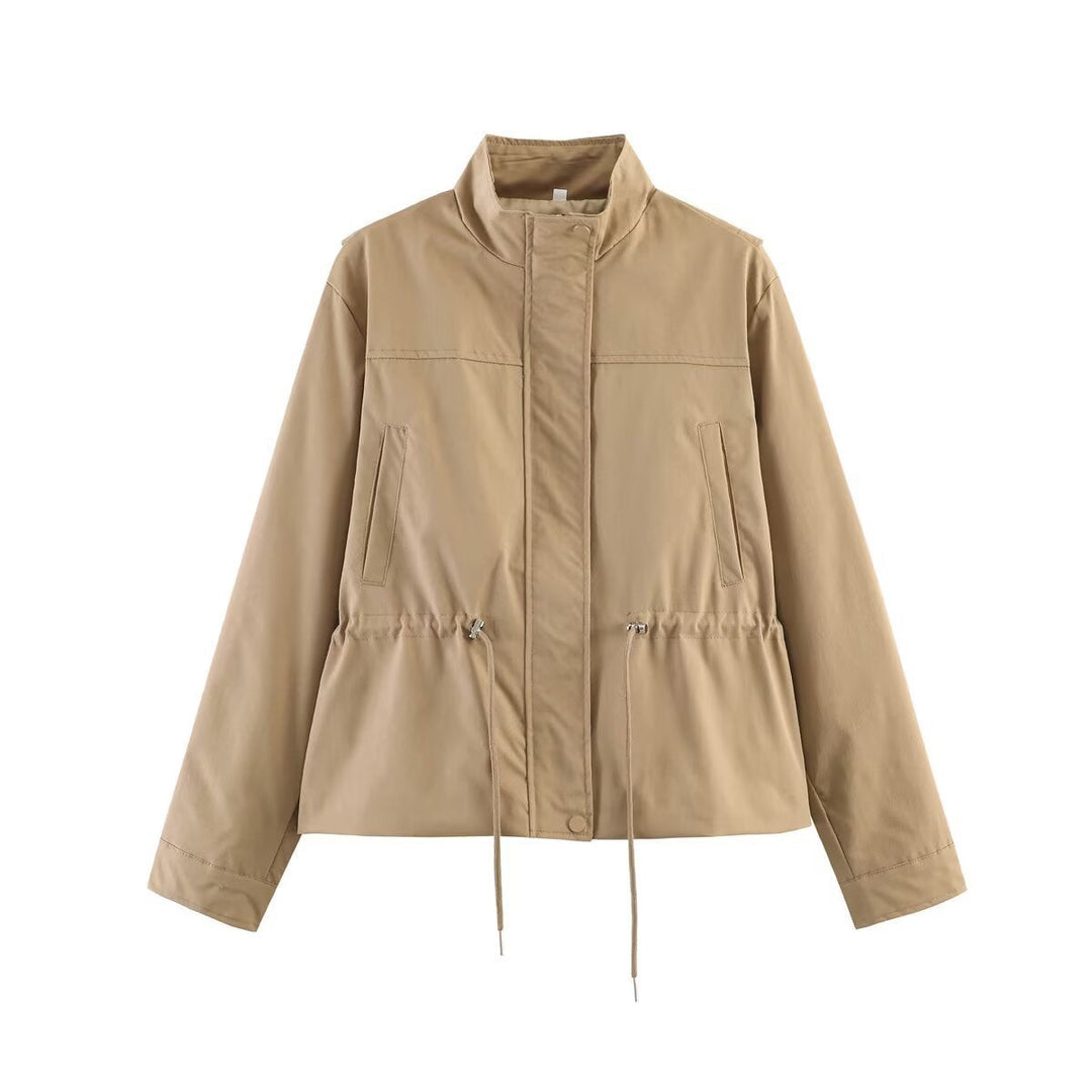 Women Tailored Short Parka with Drawstring, Standing Collar and Concealed Snap Button Placket
