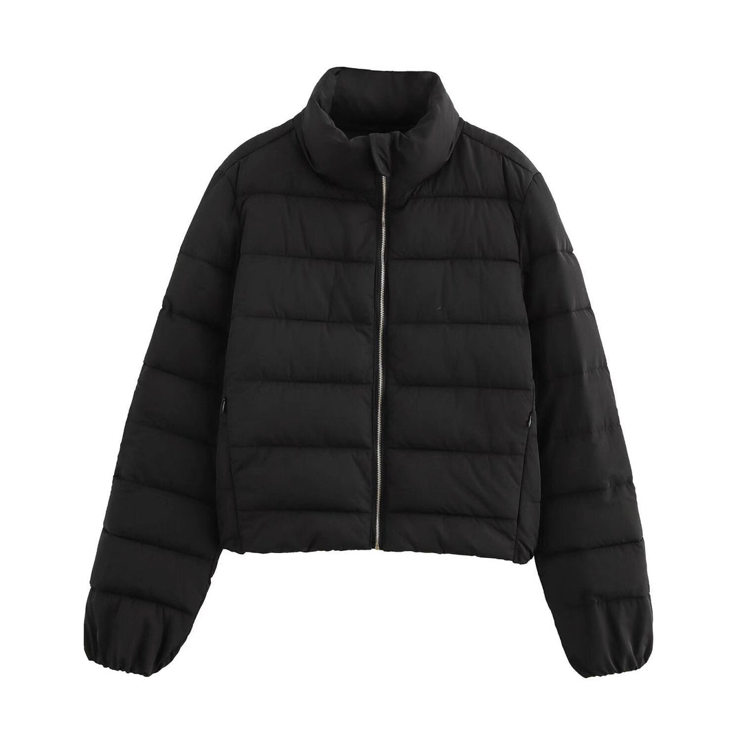Ladies short quilted down look quilted jacket with stand-up collar and elastic cuffs