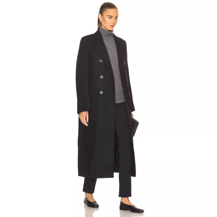 Women Maxi Length Double Breasted Wool Blend Long Coat with Tailored Finish