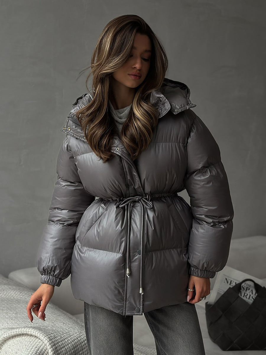 Women’s quilted down jacket with fitted drawstring and hood