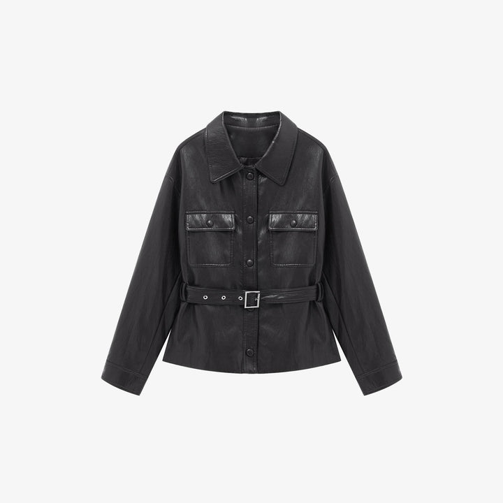 Women’s leather jacket in oversized utility style with waist belt