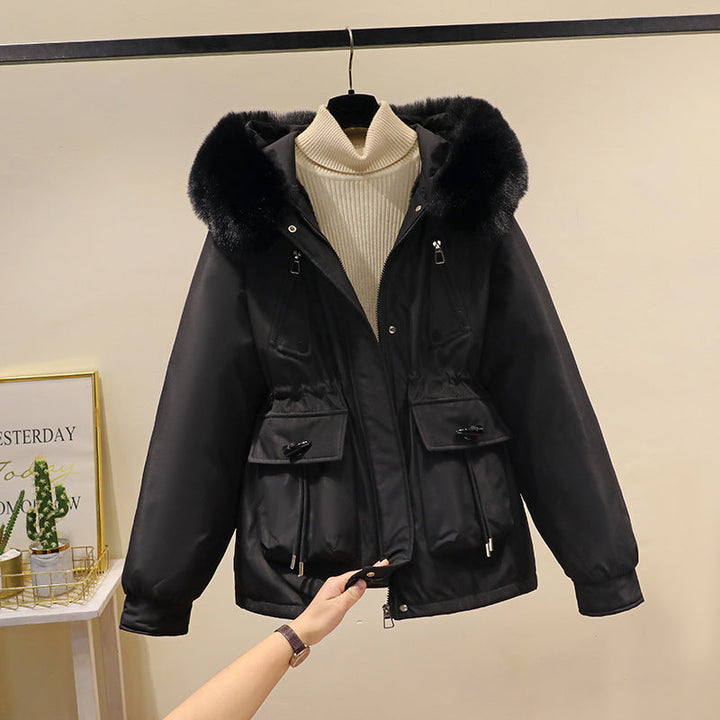Ladies nano thermo parka with hood, voluminous faux fur collar, drawstring waist and multifunctional pockets