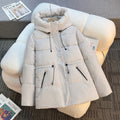 Women's fitted padded quilted jacket with high stand-up collar, adjustable drawstring, and concealed zip pockets