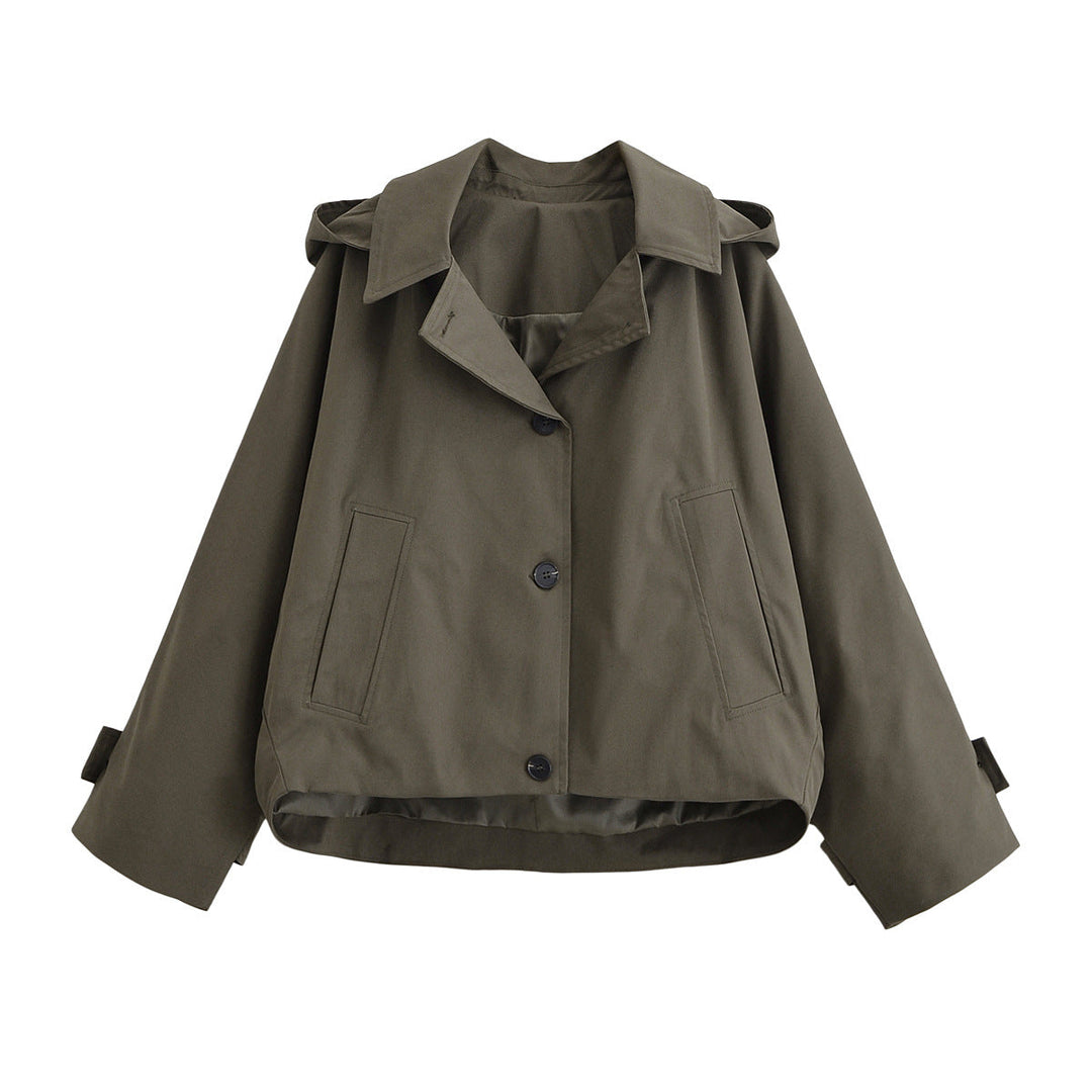 Ladies short trench coat in boxy cut with notch collar and piped patch pockets